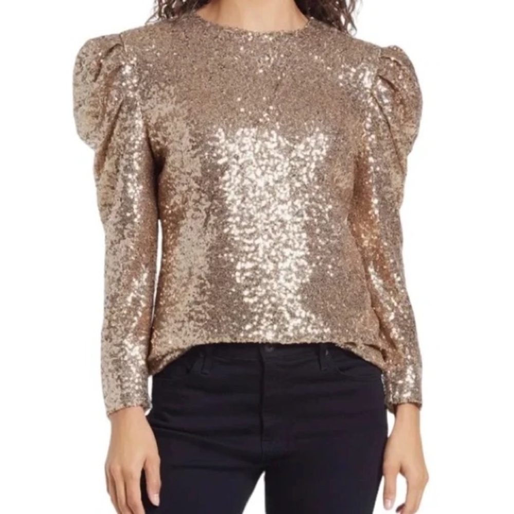 Rachel Parcell Gold Sequin long puff sleeve top.